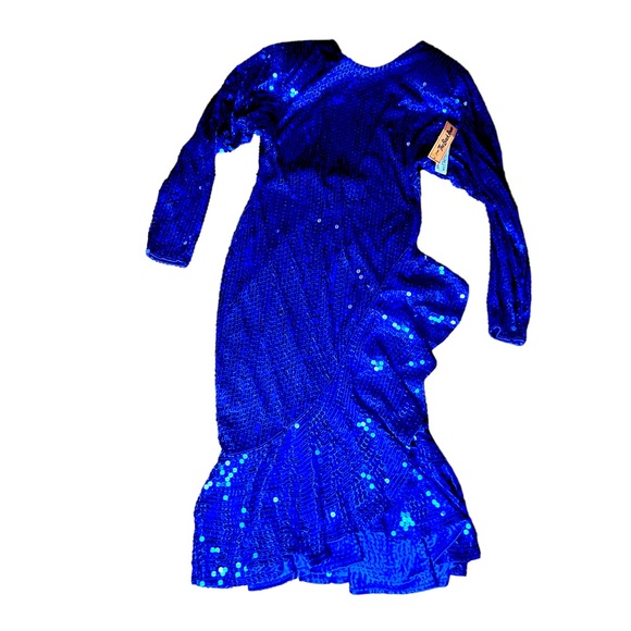 Vintage 80’s Ruffle Sequin Stretchy Low Back Evening Dress Blue NEW NWT - Picture 5 of 9
